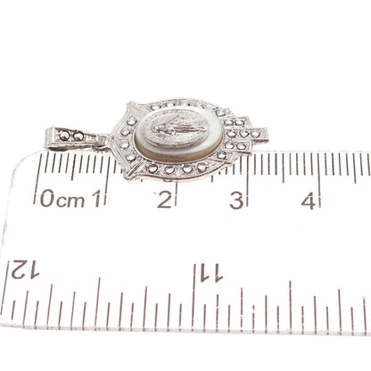 925 Sterling Silver Antique Art Deco Real MOP & Marcasite St. Mary Charm Pendant