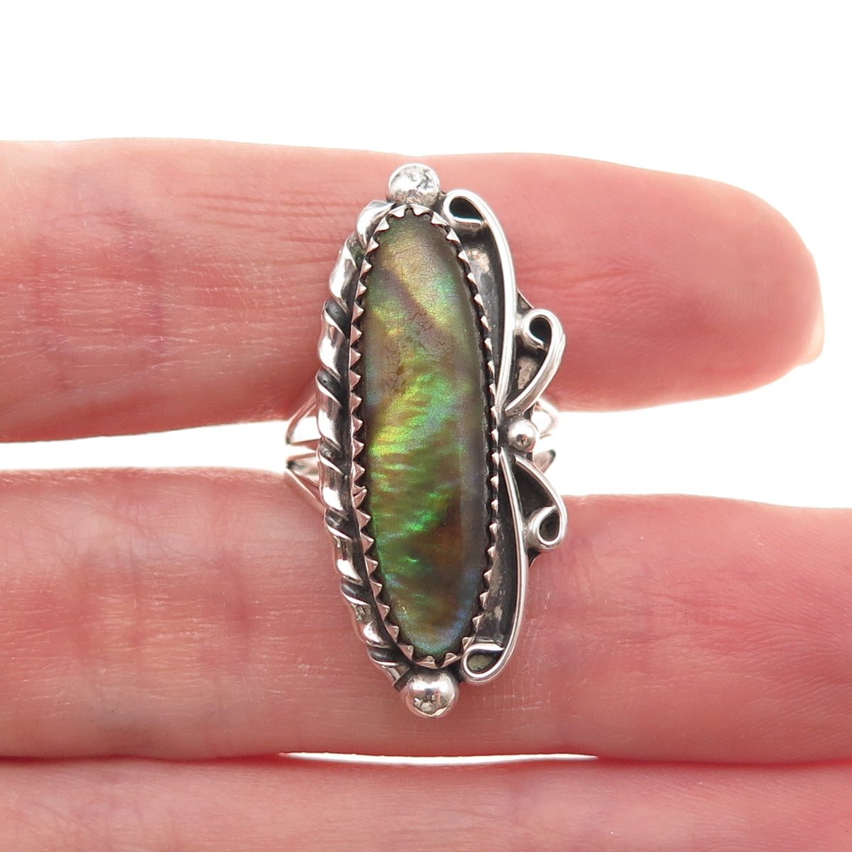Sarah Curley Navajo Old Pawn 925 Sterling Vintage Abalone Shell Ring Size 4.75