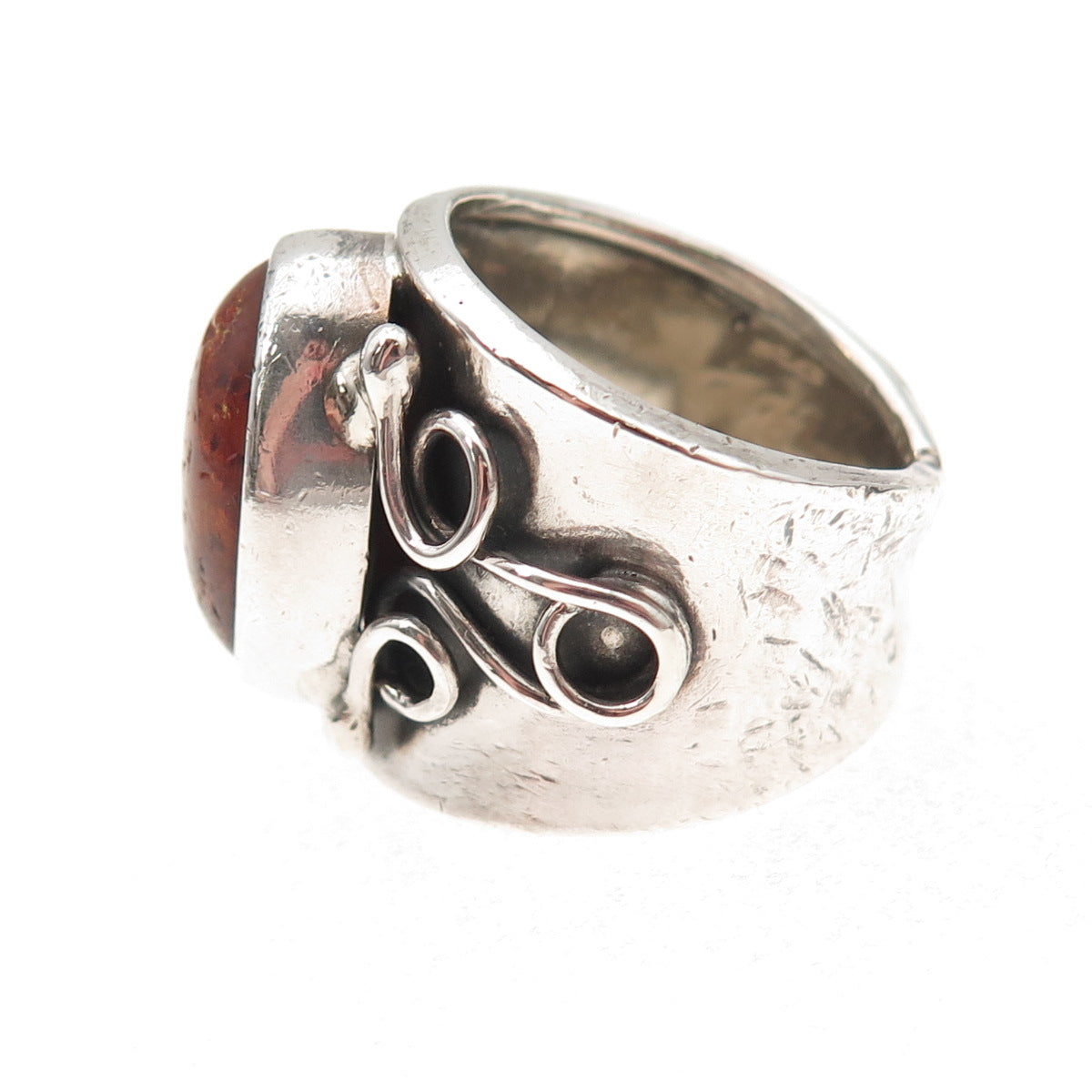 925 Sterling Silver Vintage Poland Real Amber Modernist Oxidized Ring Size 8