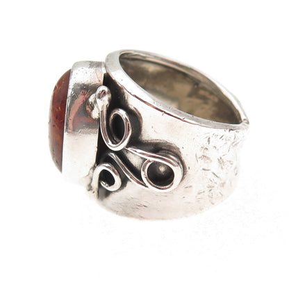 925 Sterling Silver Vintage Poland Real Amber Modernist Oxidized Ring Size 8