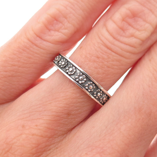 925 Sterling Silver Vintage Forget Me Not Floral Oxidized Band Ring Size 6