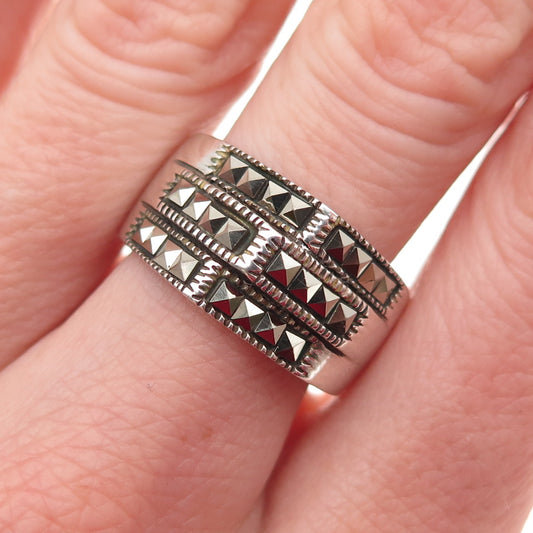 925 Sterling Silver Vintage Real Marcasite Modernist Oxidized Ring Size 8.25