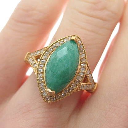 925 Sterling Silver Gold Plated Real Round-Cut Diamond & Emerald Ring Size 7.75