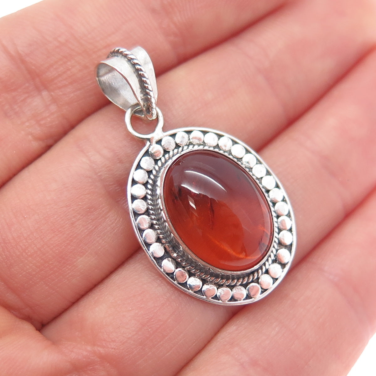 925 Sterling Silver Vintage Real Amber Dotted Charm Pendant
