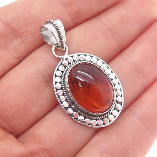 925 Sterling Silver Vintage Real Amber Dotted Charm Pendant