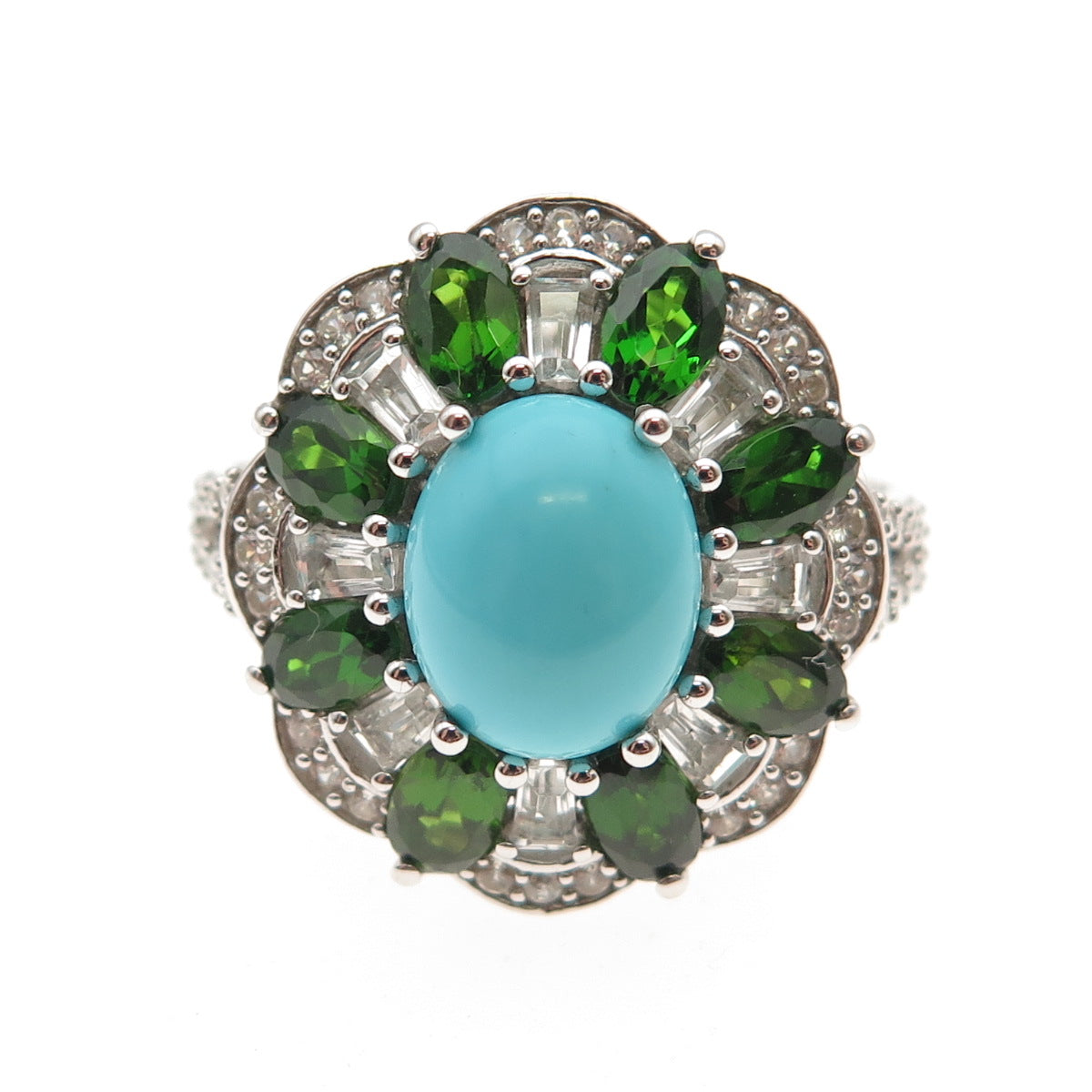 925 Sterling Silver Real Turquoise Peridot & White Topaz Ring Size 8.25