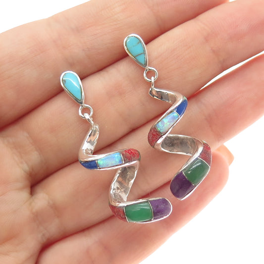 Old Pawn 925 Sterling Vintage Turquoise Opal Coral Lapis Onyx Sugilite Earrings