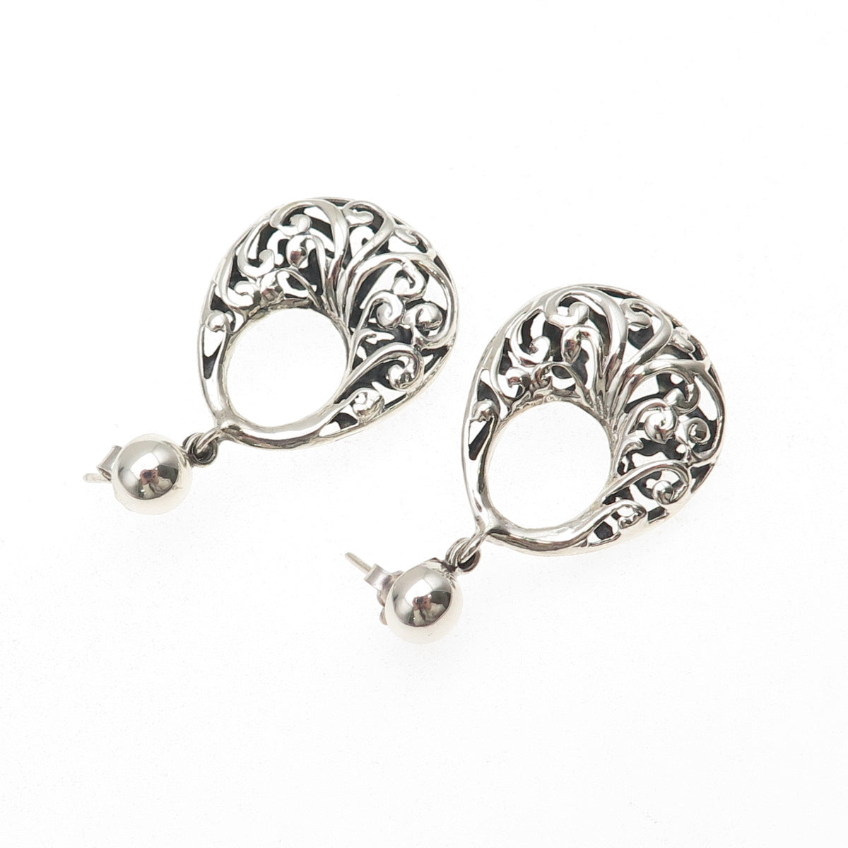 925 Sterling Silver Vintage Floral Crescent Teardrop Dangle Earrings