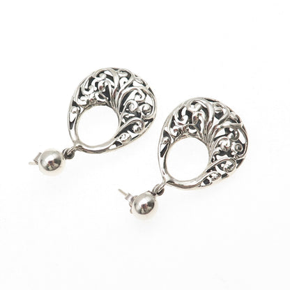 925 Sterling Silver Vintage Floral Crescent Teardrop Dangle Earrings