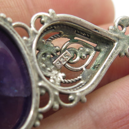 925 Sterling Silver Vintage Real Cabochon Amethyst Ornate Floral Pendant