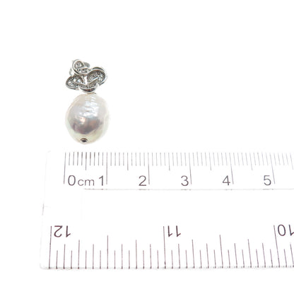 925 Sterling Silver Real Baroque Pearl & C Z Floral Charm Pendant