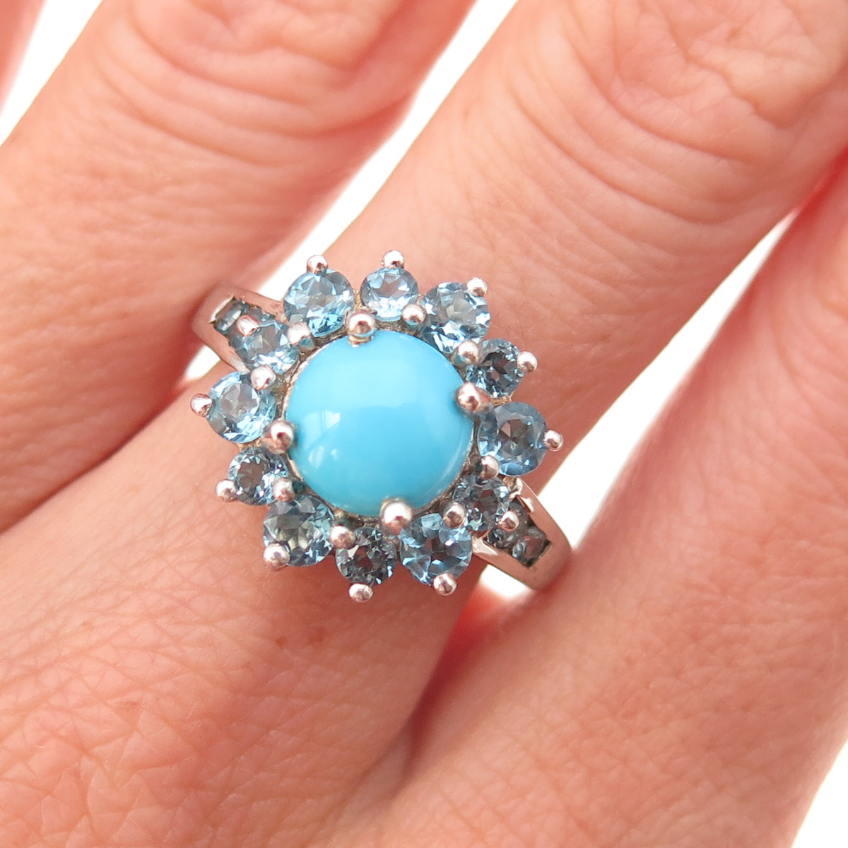Chuck Clemency 925 Sterling Silver Real Turquoise & Blue Topaz Ring Size 8