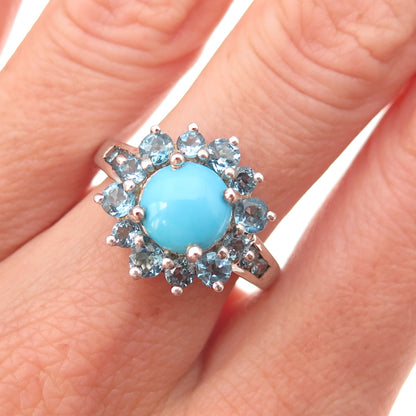 Chuck Clemency 925 Sterling Silver Real Turquoise & Blue Topaz Ring Size 8