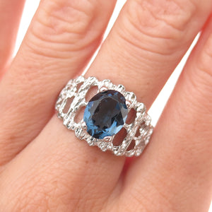 925 Sterling Silver Vintage Oval-Cut Blue Glass Modernist Ring Size 9.75