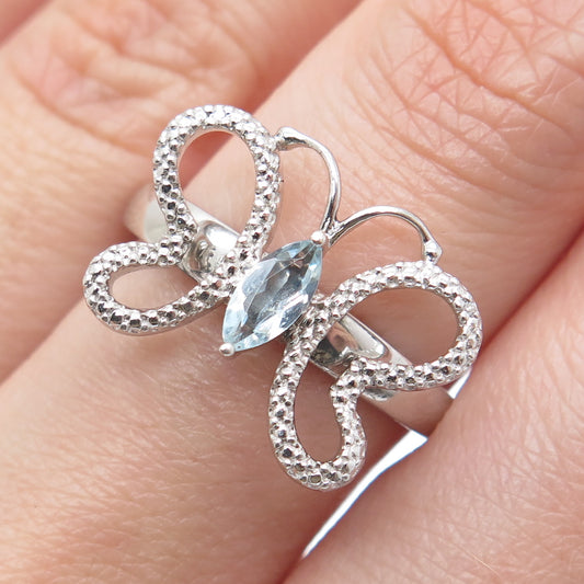 925 Sterling Silver Real Diamond Accent & Blue Topaz Butterfly Ring Size 7.75