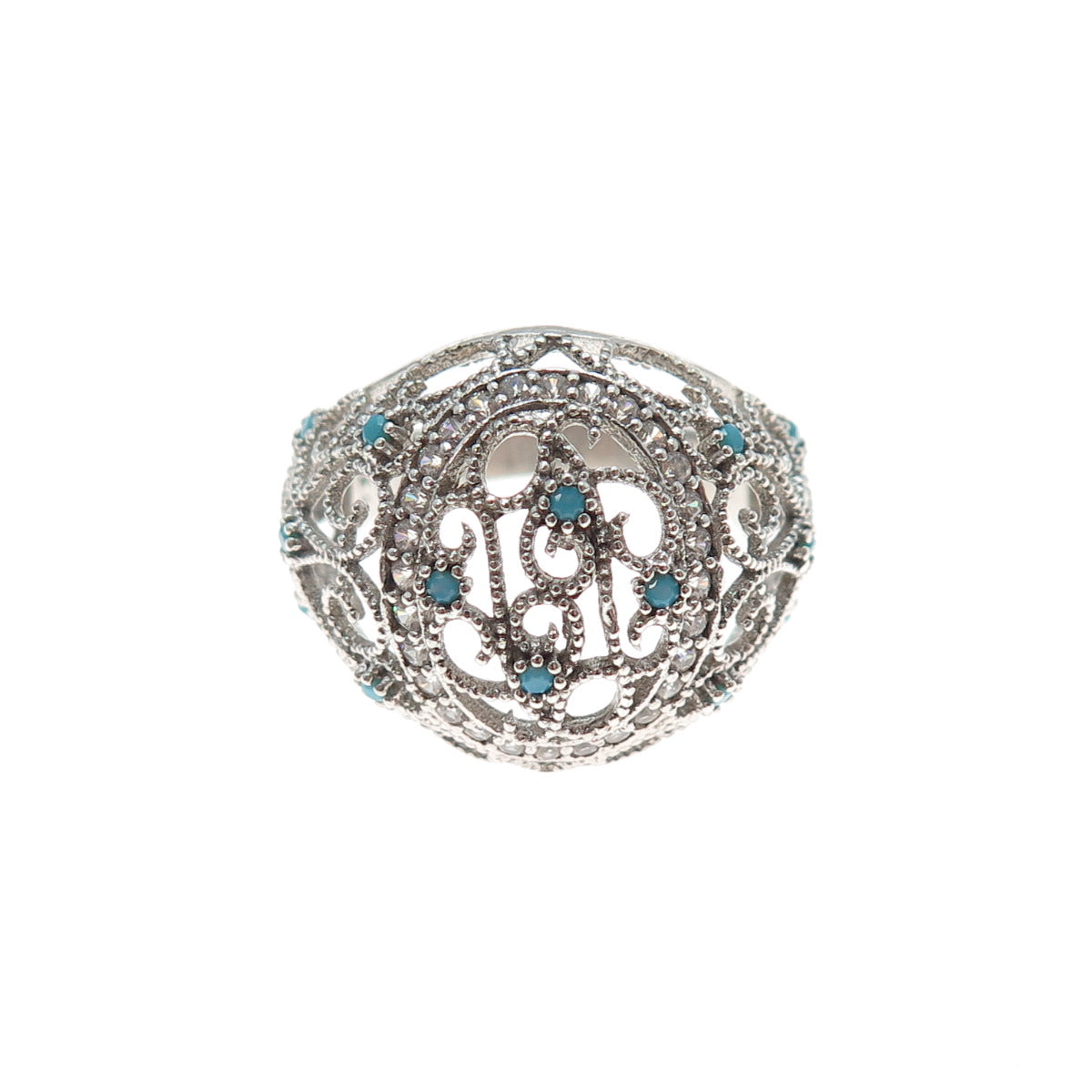 925 Sterling Silver Vintage Real Turquoise Filigree Dome Ring Size 7.75