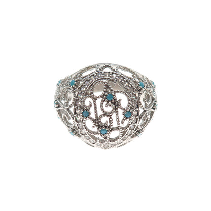 925 Sterling Silver Vintage Real Turquoise Filigree Dome Ring Size 7.75