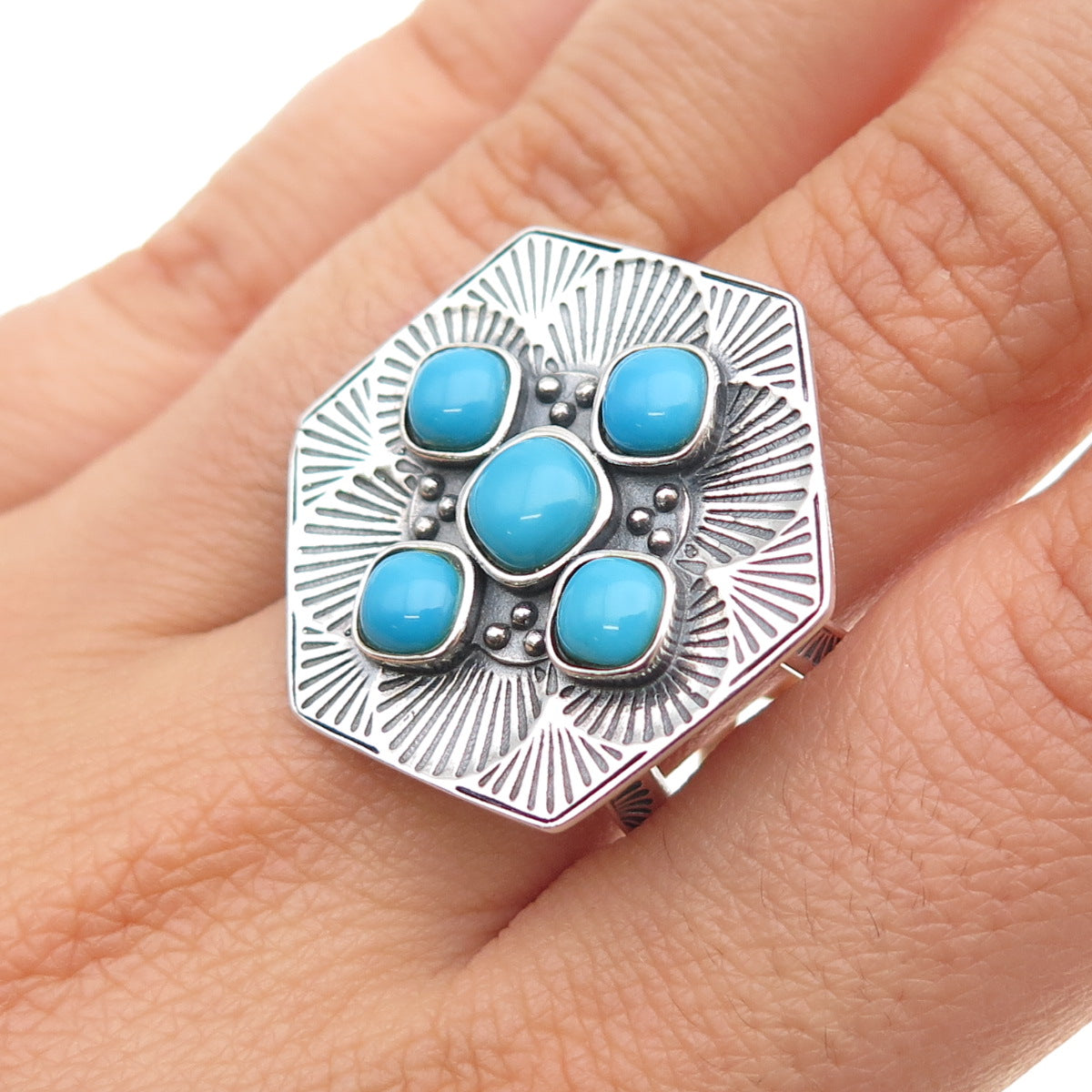 FD Felicia Design Sterling Silver Vintage Real Turquoise Oxidized Ring Size 9.25