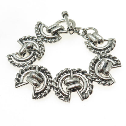 925 Sterling Silver Vintage Crescent Roped Oxidized Link Bracelet 7.25"