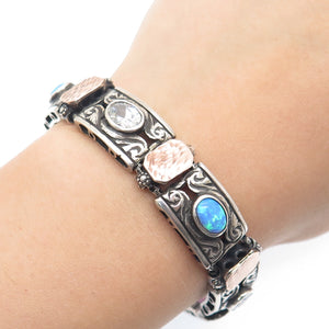 925 Sterling Silver 14K Rose Gold Vintage Real Opal & C Z Ornate Bracelet 7.75"