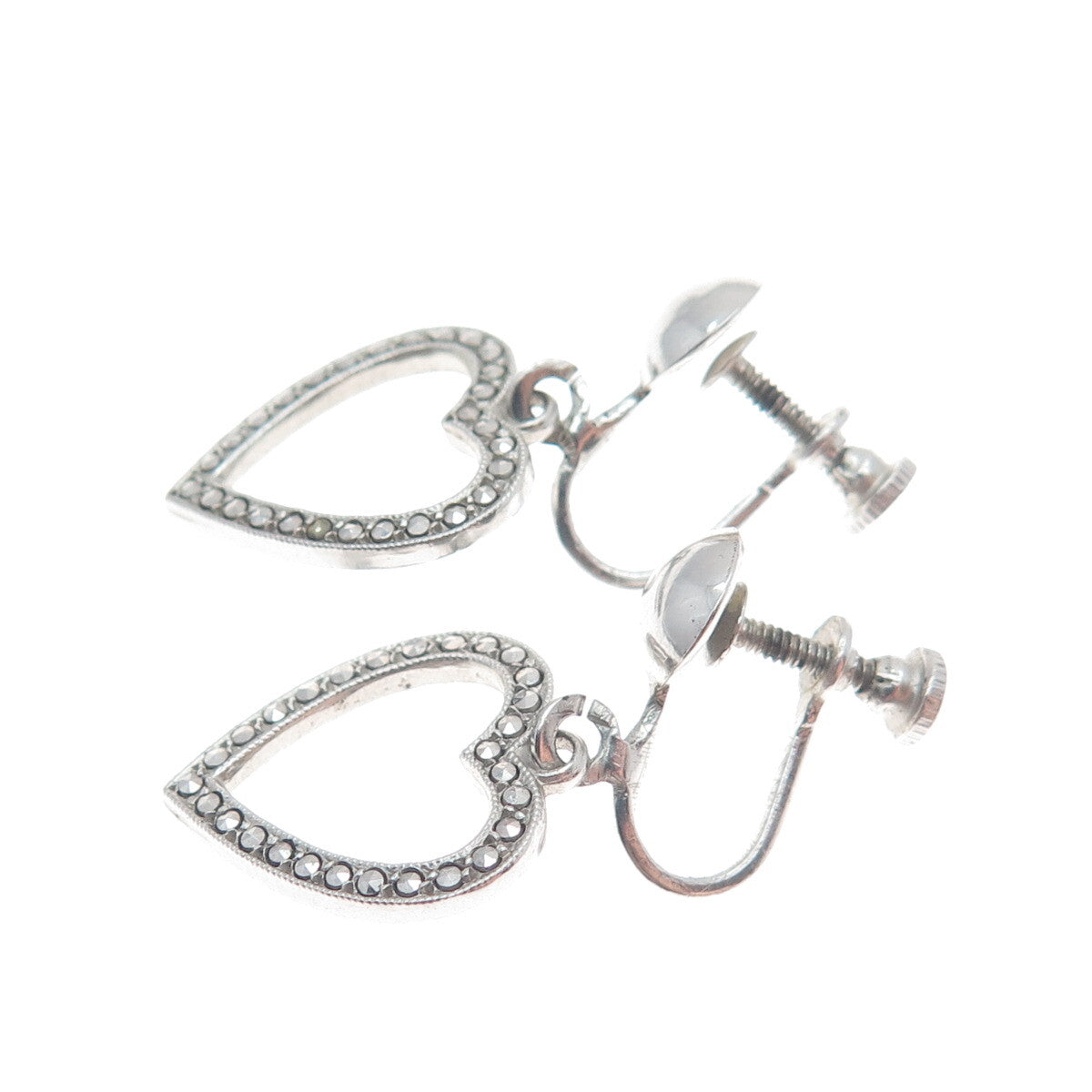 925 Sterling Silver Antique Art Deco Real Marcasite Heart Screw Back Earrings