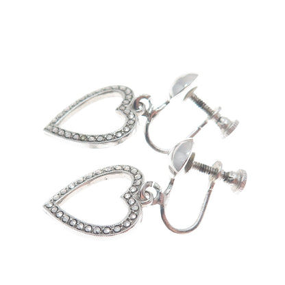 925 Sterling Silver Antique Art Deco Real Marcasite Heart Screw Back Earrings