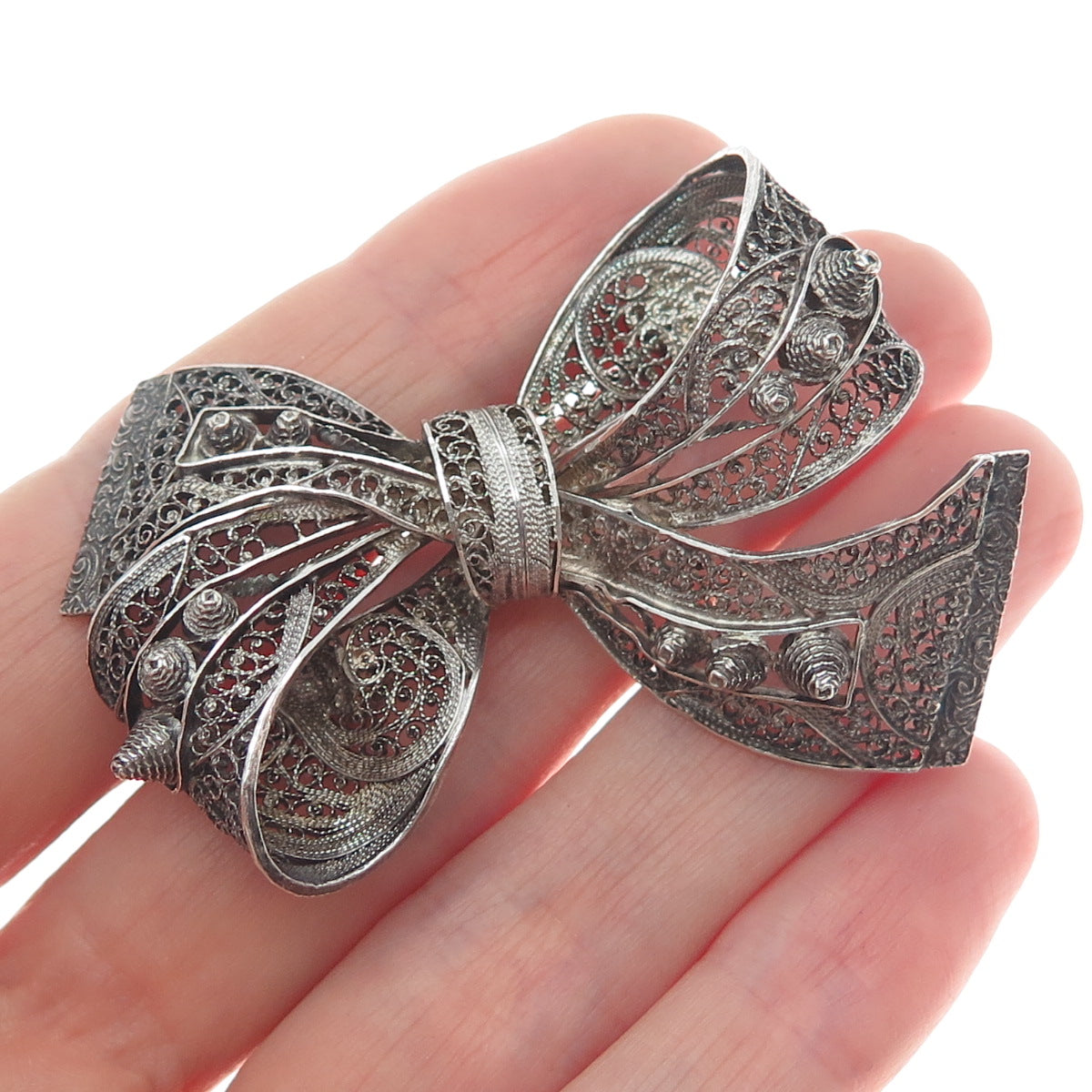 835 Silver Antique Sweden Filigree Ribbon Bow Oxidized Pin Brooch