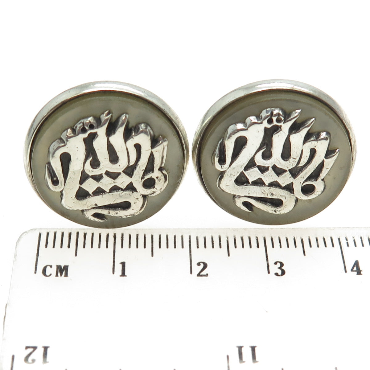 900 Silver Vintage Real Mother-of-Pearl Arabic Character Round Cufflinks