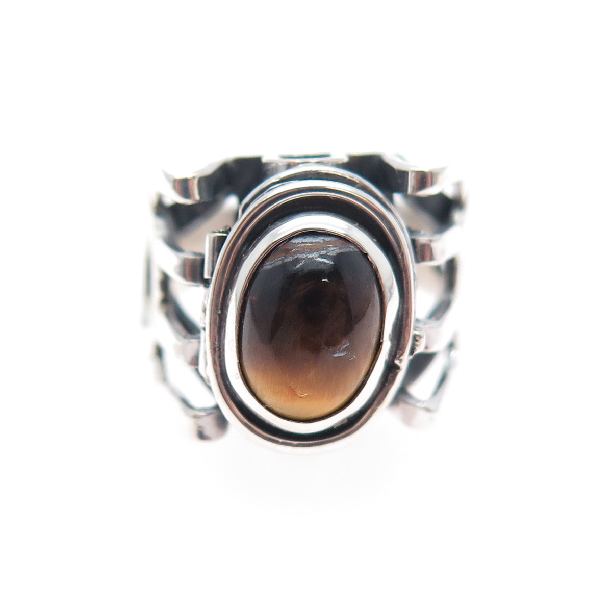 925 Sterling Silver Vintage Mexico Tiger Eye Modernist Oxidized Ring Size 7.25
