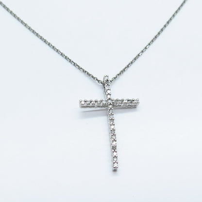 925 Sterling Silver Italy SUN White Diamond Cross Rolo Chain Necklace 16"