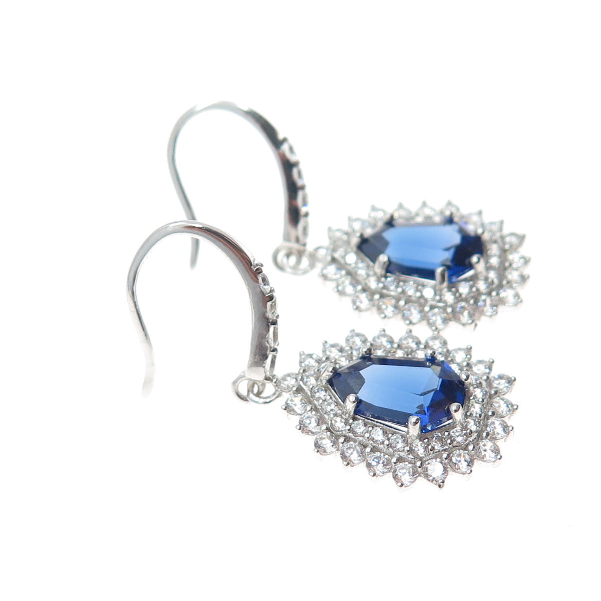 DSMK 925 Sterling Silver Pear & Round-Cut Blue White C Z Dangle Earrings