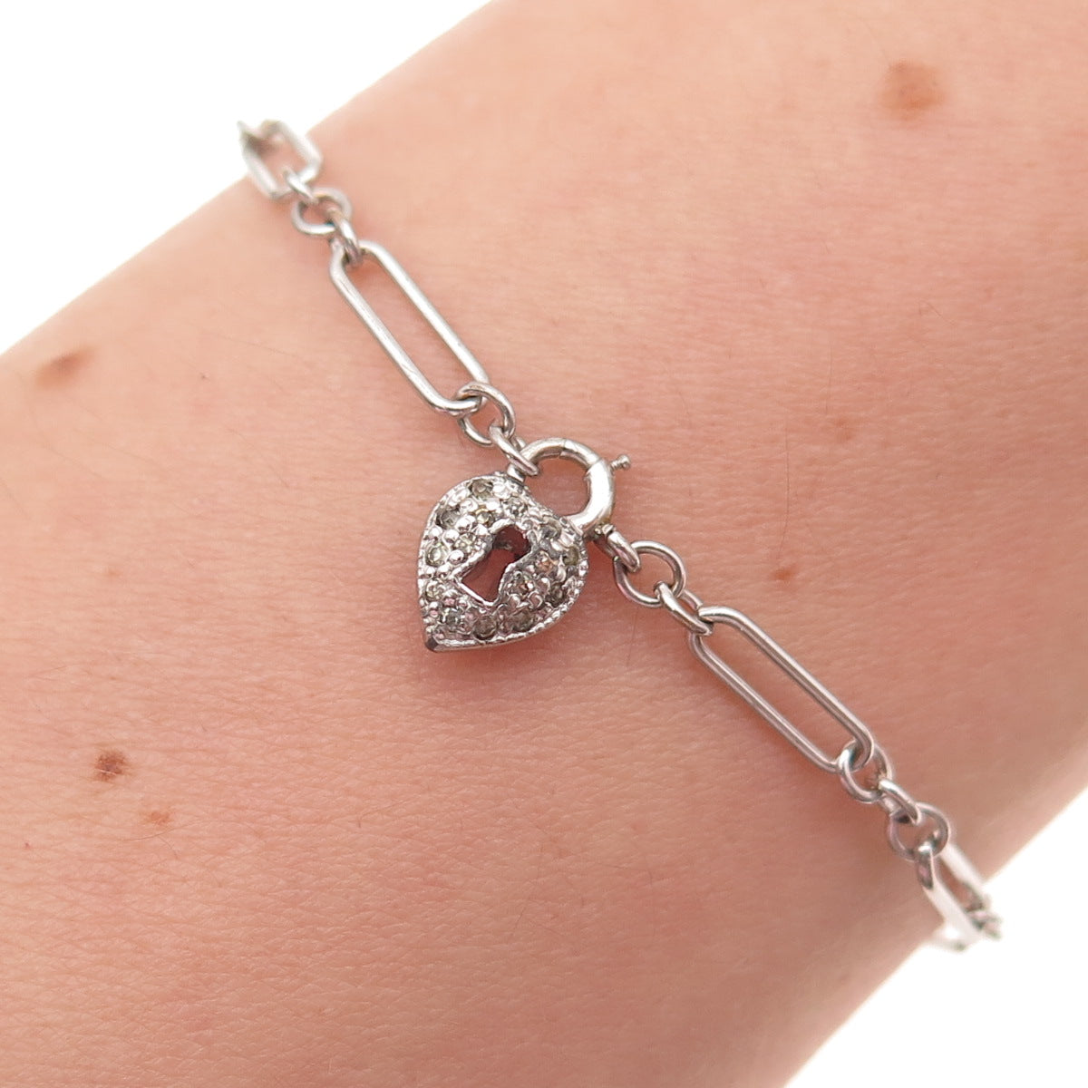 925 Sterling Silver Antique Rhinestone Heart Lock Paperclip Link Bracelet 7.25"