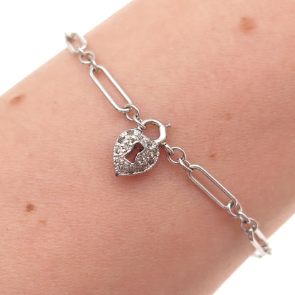 925 Sterling Silver Antique Rhinestone Heart Lock Paperclip Link Bracelet 7.25"