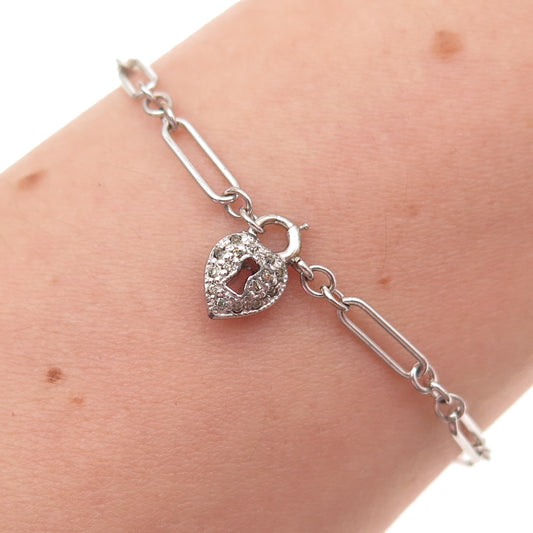 925 Sterling Silver Antique Rhinestone Heart Lock Paperclip Link Bracelet 7.25"