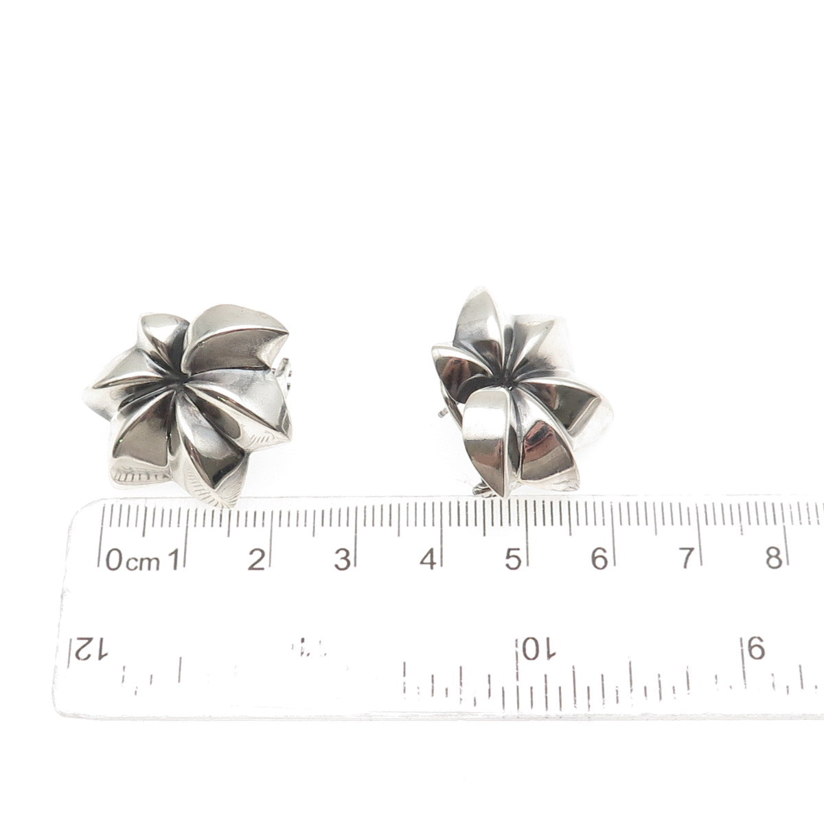 925 Sterling Silver Vintage Modernist Floral Oxidized Omega Back Earrings