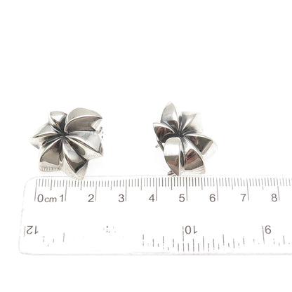 925 Sterling Silver Vintage Modernist Floral Oxidized Omega Back Earrings