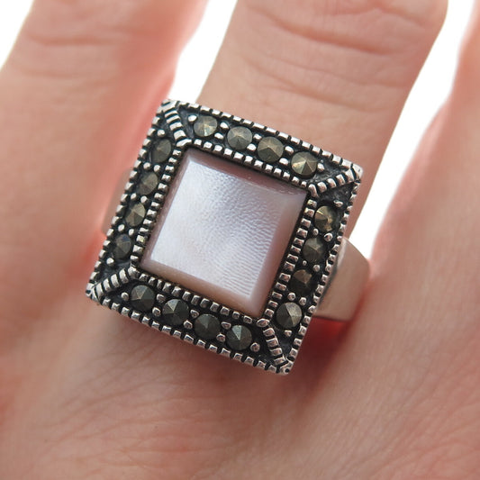925 Sterling Silver Vintage Real MOP & Marcasite Oxidized Ring Size 6.25