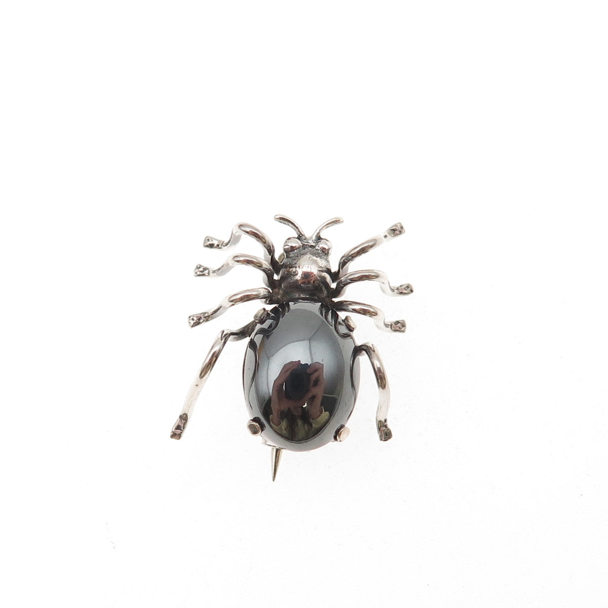 835 Silver Antique Art Deco Real Hematite Spider Oxidized 3D Mini Pin Brooch