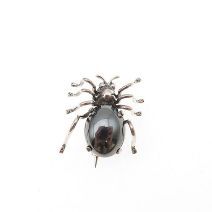 835 Silver Antique Art Deco Real Hematite Spider Oxidized 3D Mini Pin Brooch