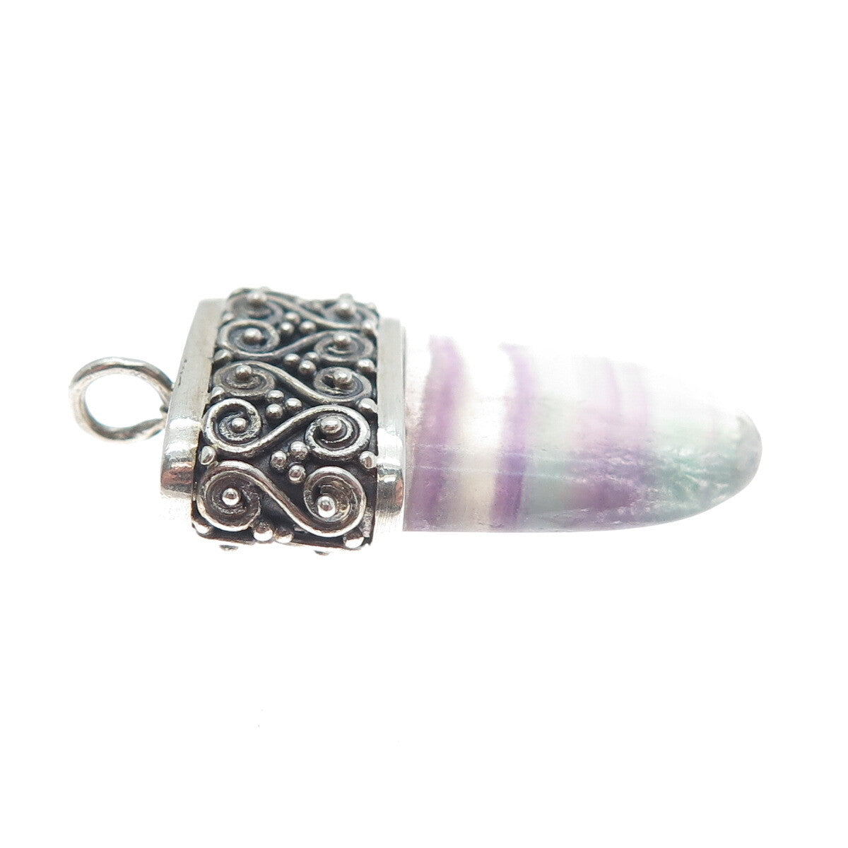 925 Sterling Silver Vintage Purple Green Fluorite Gem Swirl Amulet Pendant