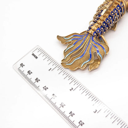 925 Sterling Silver Gold Plated Antique Enamel Chinese Koi Fish Pendant / Fob