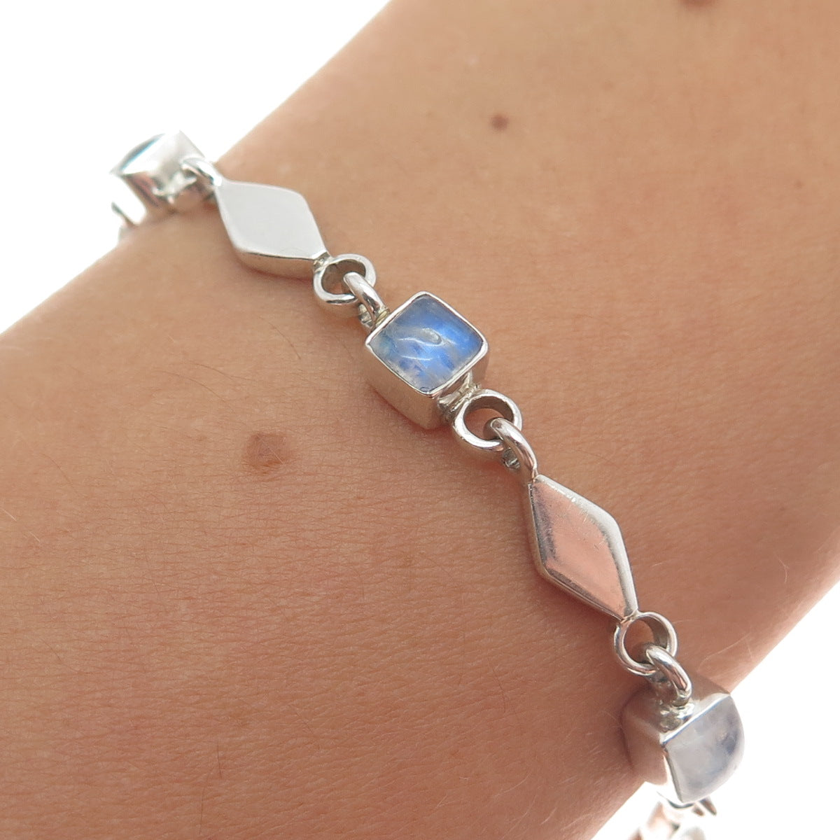 DOUG PAULUS Sterling Silver Vintage Real Moonstone Geometric Link Bracelet 7"