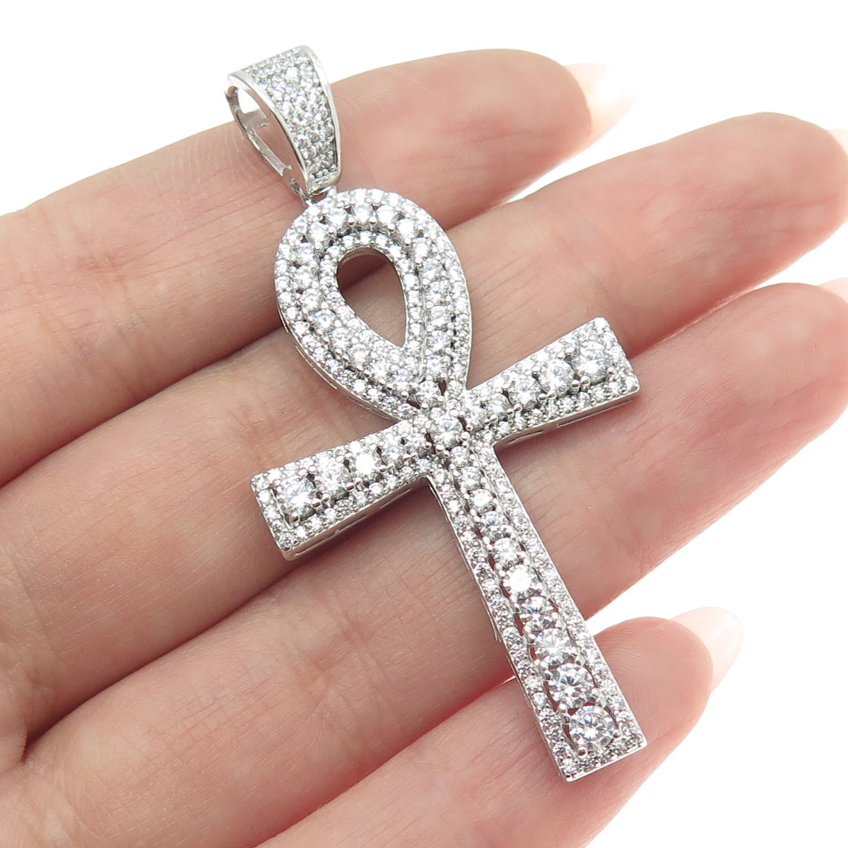 925 Sterling Silver Round-Cut Shaped C Z Egypt Ankh Cross Pendant