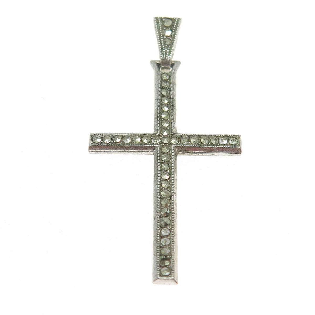 925 Sterling Silver Antique Art Deco Real Marcasite Cross Pendant