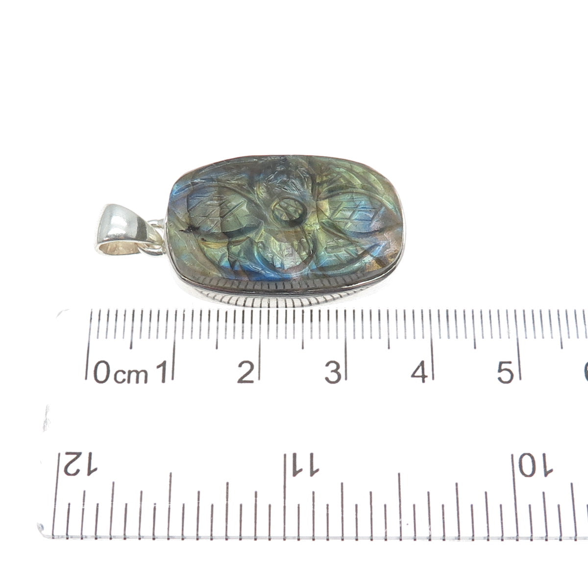 925 Sterling Silver Vintage Real Labradorite Carved Flower Charm Pendant