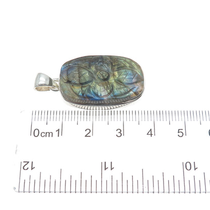 925 Sterling Silver Vintage Real Labradorite Carved Flower Charm Pendant