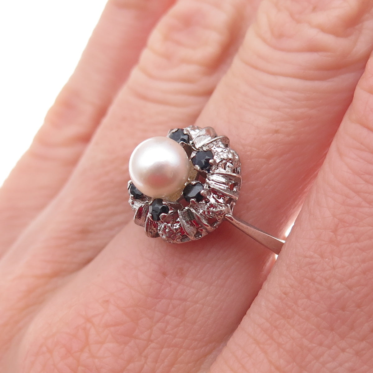 835 Silver Antique Art Deco Real Pearl & Sapphire Bohemian Ring Size 8.25