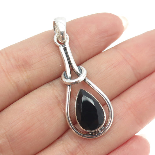 925 Sterling Silver Vintage Real Pear-Cut Black Spinel Modernist Pendant