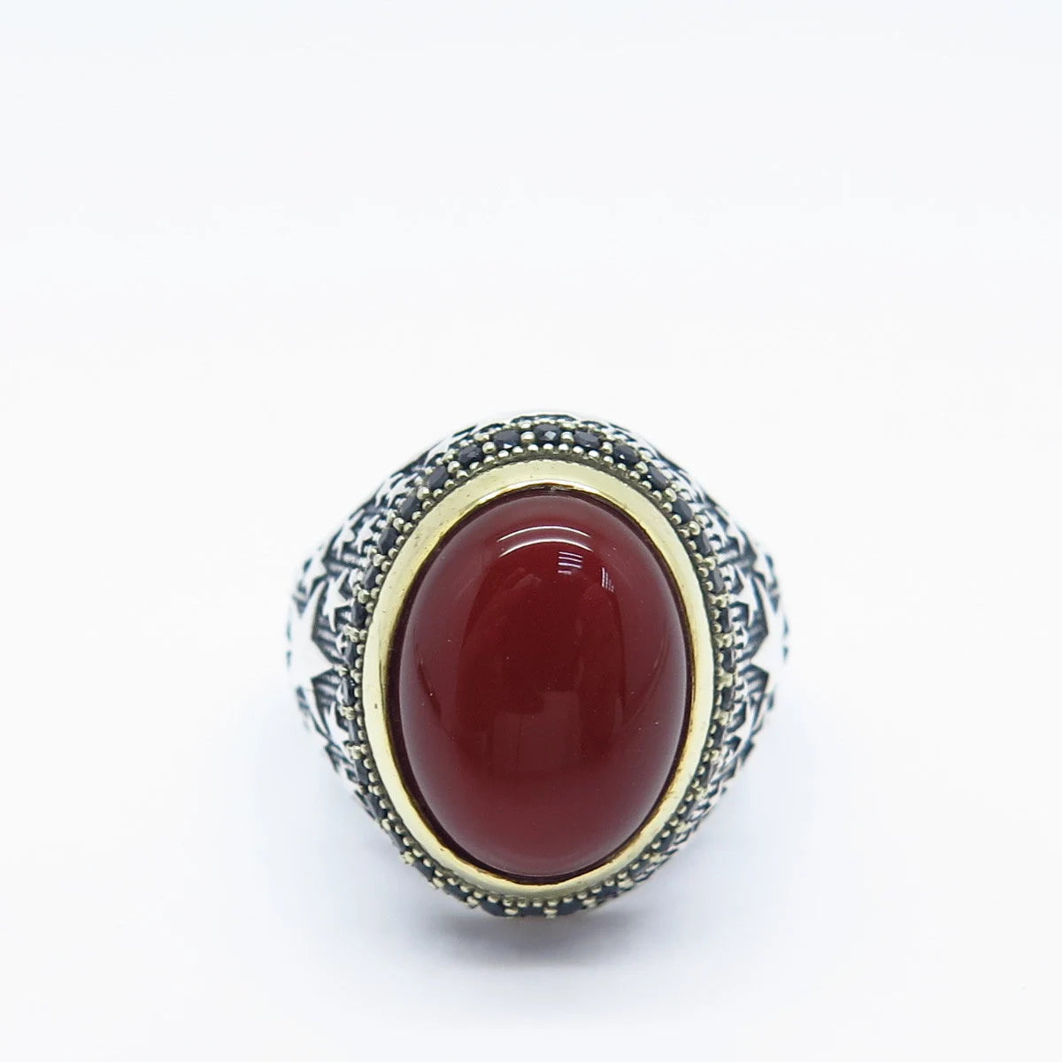 925 Sterling Silver 2-Tone Vintage Carnelian & Melanite Gemstone Ring Size 11.25