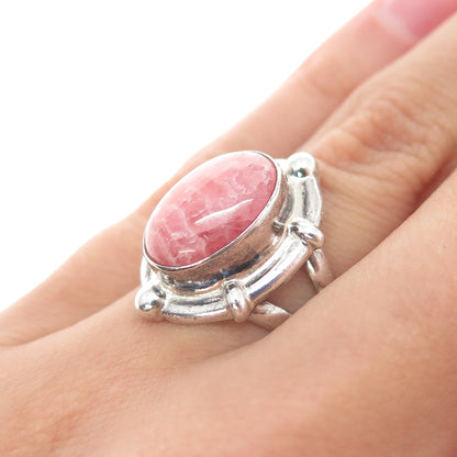 925 Sterling Silver Vintage Real Cabochon Rhodonite Modernist Ring Size 6